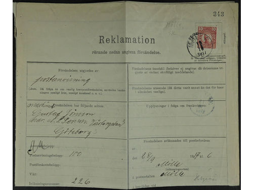 Sweden. Facit 82 on cover, 10 öre on complaint / enquiry regarding a missing money order addressed to Gothenburg. Form No. 329 with cancellation MÖLLE 12.10.1917, among other.