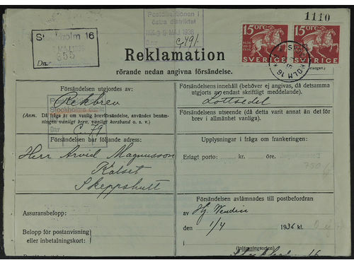 Sweden. Facit 248A on cover, 2×15 öre on postal form for complaint / enquiry regarding a missing registered letter addressed to Skeppshult. Form No. 329 (tears) with cancellations SKEPPSHULT 7.5.36 and SKEPPSGÅRDEN 25.5.1936, among other.