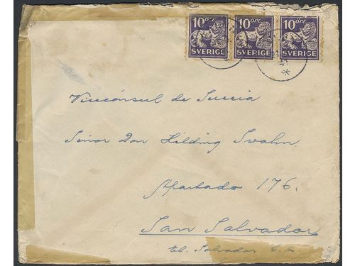 Sweden. Facit 146A on cover, 3×10 öre on cover sent from FALUN 21.6.41 to San Salvador, El Salvador. At back cancel RECIEVED IN BAD CONDITION AT      FOREIGN SECTION, MORGAN ... and seal 