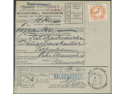 Sweden. Facit 86 on cover, 25 öre on cash on delivery money order sent from WALDEMASRKSVIK 9.11.1912 to Denmark. Arrival pmk's KJØBENSHAVNS PENGEPOST 10.11.12, and KJØBENHAVN 1.OMB. 11.11.12. Superb.