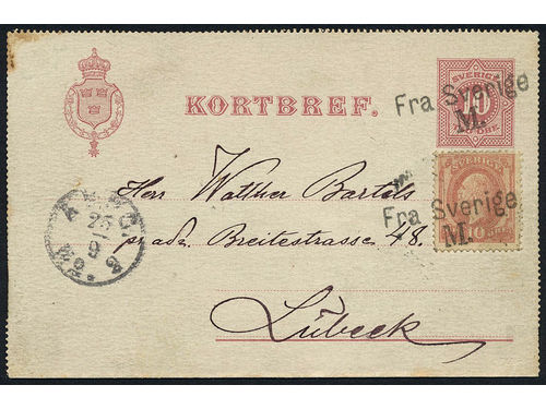 Sweden. Facit kB2, 45. Cancellations,  DENMARK. Danish cancellation FRA SVERIGE M (Malmö–Copenhagen route) on Swedish stamps, 10 öre on letter card 10 öre, sent to Germany. Other cancellations K. OMB.4 24.9.90 and AUSG No 2 25.9.