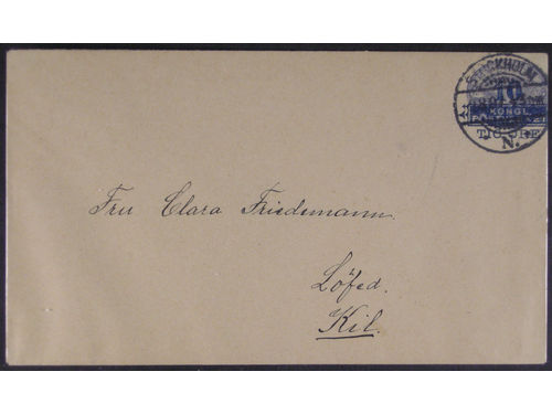 Sweden. Postal stationery, Stamped envelope, Facit Fk5VII v, Stamped envelope 10/12 öre type VII with heavily misplaced stamp and overprint. Sent from STOCKHOLM 9.8.97 to Kil. EXCELLENT and scarce.