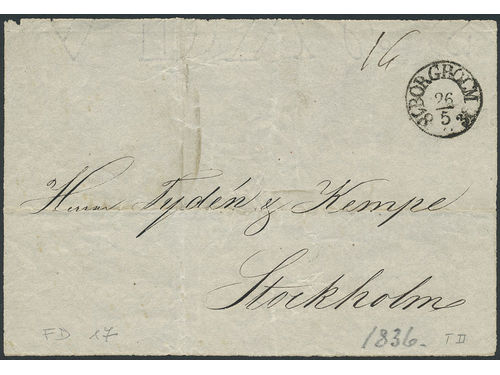 Sweden. H county. BORGHOLM 26.5.1836, arc postmark. Type 2 on cover front sent to Stockholm. Postal: 2500:-