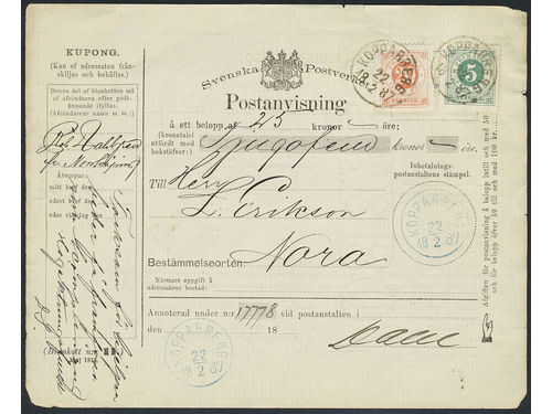 Sweden. Facit 43, 46 on cover, 5+20 öre on beautiful money order with coupon sent from KOPPARBERG 22.2.1887 to Nora. Also one cancel in blue colour, which is very scarce and listed by SSPD as R5, of which this is the earliest recorded date.