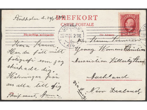 Sweden. Facit 54 on cover, 10 öre on postcard with divided address side, sent from STOCKHOLM 28.VII.06 to New Zealand. Scarce destination.