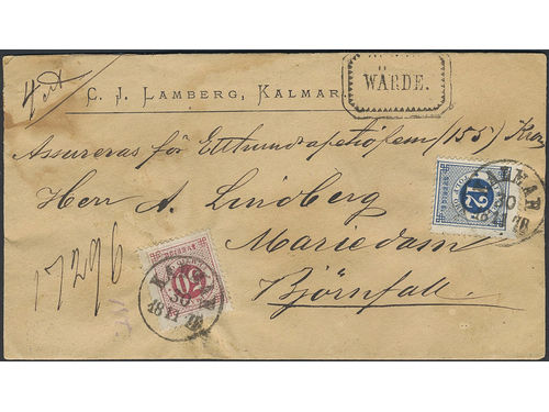 Sweden. Facit 36, 32 on cover, 12+50 öre on insured cover sent from KALMAR 30.11.1887 to Mariedam. SEK 1800