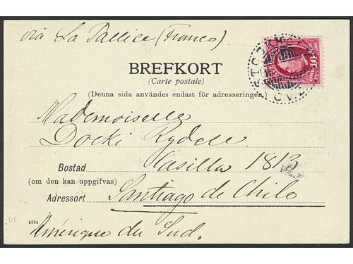 Sweden. Facit 54 on cover, 10 öre on beautiful postcard sent from STOCKHOLM 5 15.4.1904 to Santiago de Chile, Chile. Endorsed 