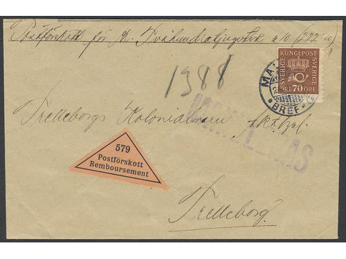 Sweden. Facit 164 on cover, 70 öre, single usage, on cash on delivery cover sent from MALMÖ 24.6.22 to Trelleborg. Also cancelled MAKULERAS. Somewhat reduced in size. SEK 800