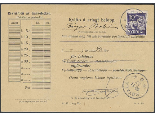 Sweden. Facit 146A on cover, 10 öre on receipt, form no, 77 (aug.30) 