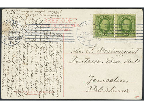 Sweden. Facit 52 on cover, 2×5 öre on postcard sent from MALMÖ 23.1.09 to Palestine. Scarce destination.