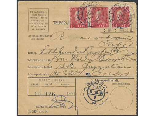 Sweden. Facit 176A on cover, 3x15 öre on telegram money order in less common version, sent from ESKILSTUNA 7.10.26 to ÖREBRO 1 TUR1 8.10.26.