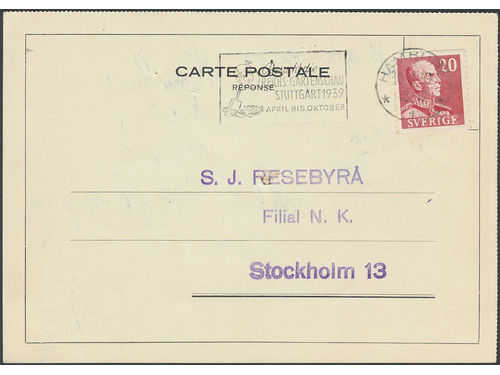 Sweden. Facit 270 on cover, 20 öre on response card sent from HAMBURG 10.8.39 to Stockholm. Privately manufactured response usages from abroad are scarce.
