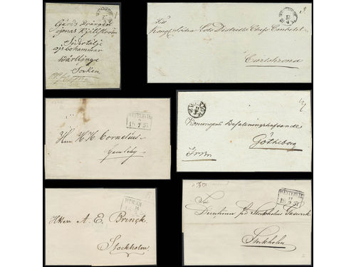 Sweden. Prephilately, collection G/H COUNTIES on visir leaves. Selected better items: Arc pmks WESTERVIK type 3 (P: 1200), WIMMERBY type 2 on banner (?) (P: 600), WEXIO type 1 (P: 800), rectangular pmks WESTERVIK type 2 in two copies sent during the sk bco stamp period and WIMMERBY type 3 (P: 600). The entire lot is presented at www.philea.se. Fine–superb quality. (6)
