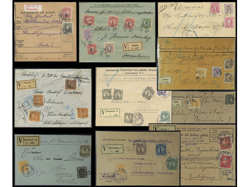 Sweden. Collection covers INSURED MAIL 1887–1927 on visir leaves. Selected covers and two address cards for parcels, incl. some usages to abroad. The entire lot is presented at www.philea.se. Mostly good quality. (10)