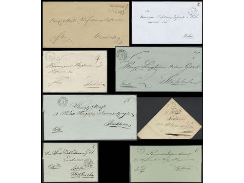 Sweden. Prephilately, collection U COUNTY on visir leaves. Selected better items: Arc pmks ARBOGA type 2 (P: 600), KÖPING type 1 (P: 500 each) and 2 (P: 800), SALA type 1 (P: 600), WESTERÅS type 1 (P: 500) and type 2 in two copies (P: 600 each), and rectangular pmk STRÖMSHOLM sent during the sk bco stamp period. The entire lot is presented at www.philea.se. Very fine–superb quality. (8)
