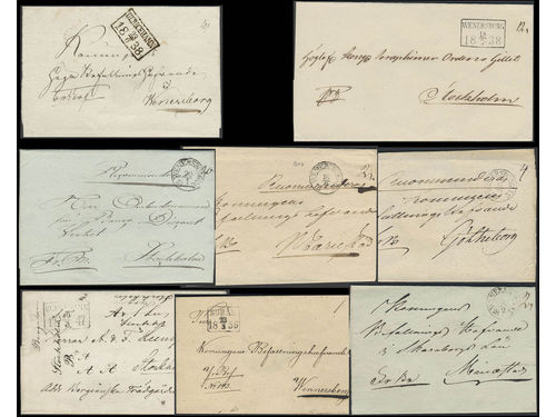 Sweden. Prephilately, collection P COUNTY on visir leaves. Selected better items: Arc pmks WENERSBORG type 1 in two copies (P: 800 each), type 2, and type 3, and rectangular pmks BORÅS type 5, ULRICEHAMN type 1 in two copies (P: 800 each) and WENERSBORG type 2. Three covers are sent registered. The entire lot is presented at www.philea.se. Fine–superb quality. (8)