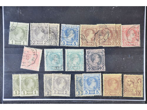 Monaco. Lot ★★/★/⊙ 1885–91 on stock cards. Stamps from the first issue (Mi 1-10) and Mi 14. Mi approx 1000 €. Mostly fine quality. (20)