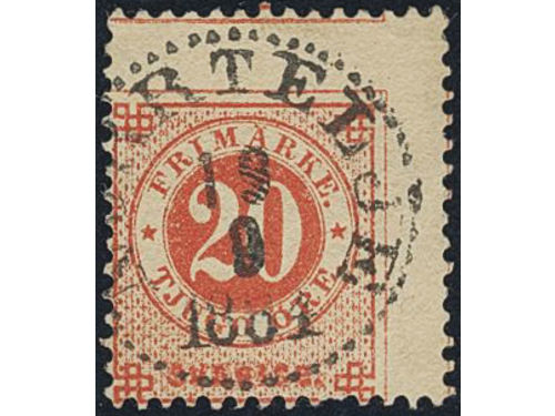 Sweden. Facit 33v8 used, 20 öre red, extremely displaced perf. With PART OF FOUR stamps. Cancelled NORRTELJE 19.9.1881. One short perf. Scarce.