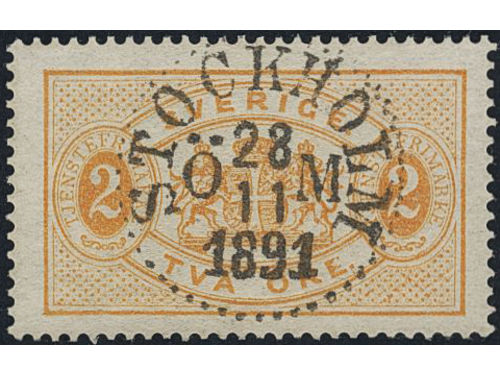 Sweden. Official Facit Tj11b used, 2 öre orange, perf 13, yellowish paper. EXCELLENT cancellation STOCKHOLM 28.11.1891.
