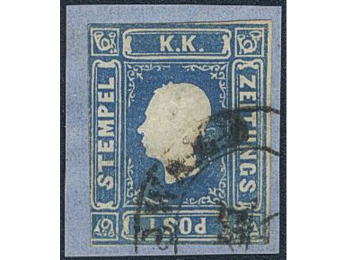 Austria. Michel 16 used, 1858 Newspaper stamps (1.05 Kr) blue. On piece, near cut. EUR 700