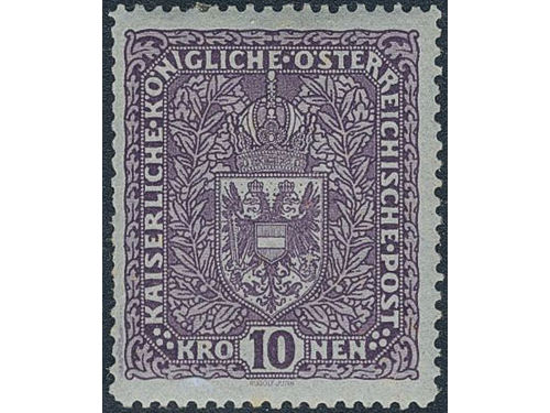 Austria. Michel 207 I ★, 1917 Coat-of-arms 10 Kr dark brown-violet 25 × 30 mm. EUR 175