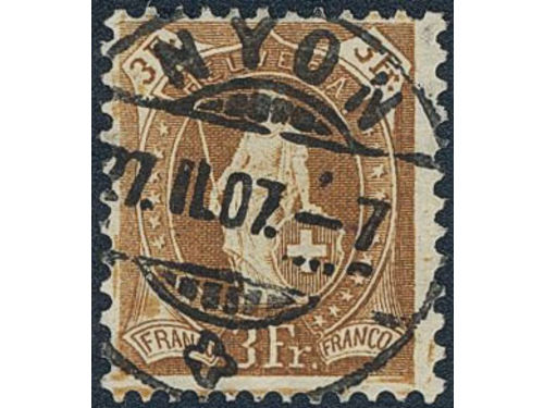 Switzerland. Michel 80C used, 1905 Standing Helvetia 3 Fr yellow-brown perf 11½ × 11 wmk. EUR 190