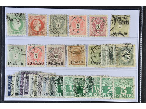 Austria, post in Levant. Used 1863–1908. All different, e.g. Mi 2 II, 3 II, 9-10, 13-16, 19, 20B, 24, Postage Due 1-5, 9-11. Mostly good quality. Mi € 584 (32)