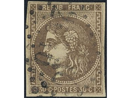 France. Michel 42a used, 1870 Ceres Head 30 c brown imperf. Near cut at top – but still with small margin. EUR 260