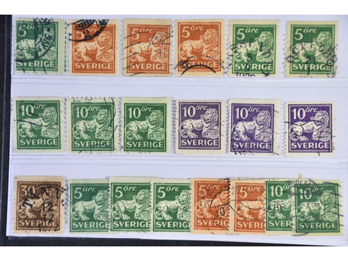 Sweden. Used 1920–1934. Standing Lion. All different, e.g. F 140Ccx, 141bz, 142Abz+Acc, 143Acc+Abz, 144Acc+Ccx+Ecx, 145E+Ecx, 146E, 148Acx. Mostly good quality. F SEK 11600 (20)