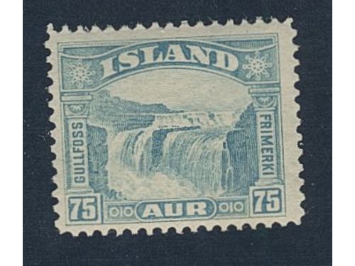 Iceland. Facit 199 ★★, 1932 Gullfoss 75 aur blue. A small gum damage without inportance. SEK 2600