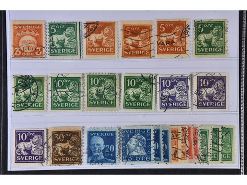 Sweden. Used 1920–1936. Coil stamps. All different, e.g. F 139v, 140Ccx, 141bz, 142Abz+Acc, 143Acc, 144Acc+Ccx+Ecx, 145E+Ecx, 146E, 148Acx, 151Cbz, 152Acx. Mostly good quality. F SEK 6665 (25)