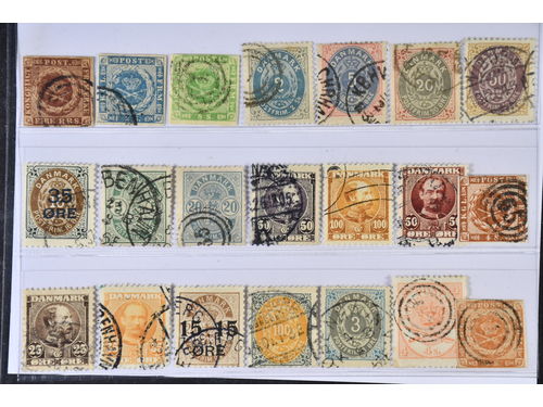 Denmark. Used 1851–1912. All different, e.g. F 2–3, 5, 20, 30, 34, 44, 47, 52, 54, 67–68. Mostly good quality. F SEK 7355 (21)