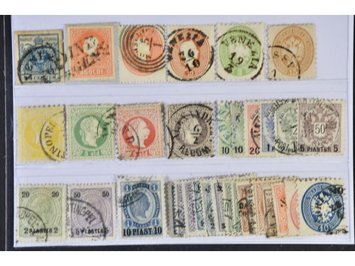 Austria. Used 1867–1908. Back-of-the-book. All different, e.g. Lomb 5, 9 I, 12–13, 20, 23, Levant 1 I, 2–3 II, 6 I, 14–19, 24–26. Mostly good quality. Mi € 693 (34)