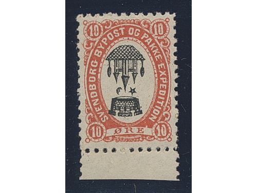 Denmark. Local ★★, Svendborg Bypost. Center Inverted on 10öre red and black 1887. VF top sheet-margin single with full OG. (Census stated that most examples are found without gum.).