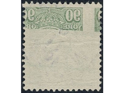 Sweden. Facit 95v1 used, 90 öre green with partial set-off with parts of two stamps. Natural paper fold.