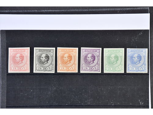 Suriname. (★), 1872 Wilheim II imperf proofs 10 c in 6 different collours.