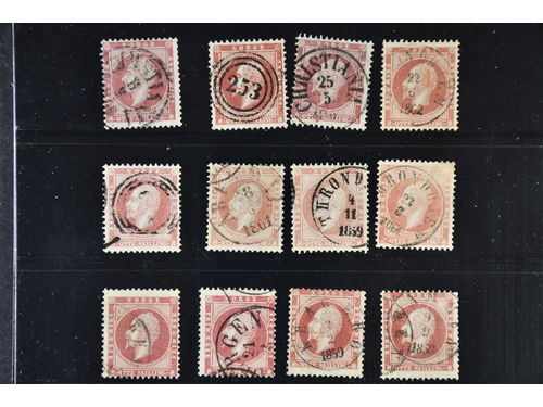 Norway. Lot used 1856–1857 on stock cards. Oscar I, 8 skilling, 12 copies with different cancellations. Mostly good quality. (12)
