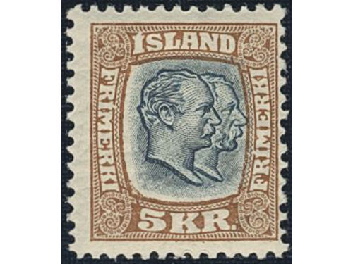 Iceland. Facit 90 ★★, 1907 Two Kings 5 Kr blue-grey/brown, watermark crown. SEK 4500