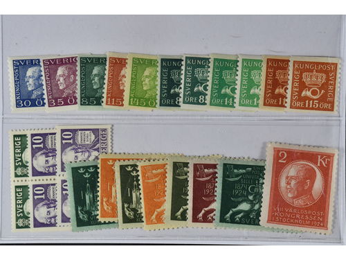 Sweden. ★★. Small lot coils, a few BC/CB-pairs and 1924 issues up to 2 kr. (22)