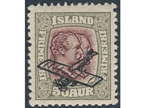 Iceland. Facit 161 ★★, 1929 Aeroplane Surcharge 50 aur lilac/grey. SEK 1800