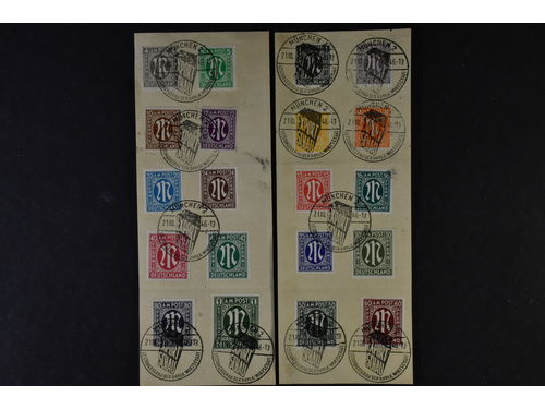 Germany, American and British zone. Michel 16–35 used, 1945 M in oval, German print SET perf 11 - 11½ cheapest perf (20). All on paper with EXPORT SCHAU special cancel. EUR 1000