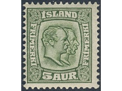 Iceland. Facit 79 ★★, 1907 Two Kings 5 aur green, watermark crown. SEK 3600