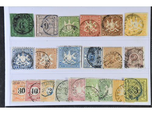 Germany, Württemberg. Used 1851–1900. All different, e.g. Mi 3-4, 8-9, 11-12, 27-28, 32, 39-40, 58. Mixed quality. Mi € 832 (21)
