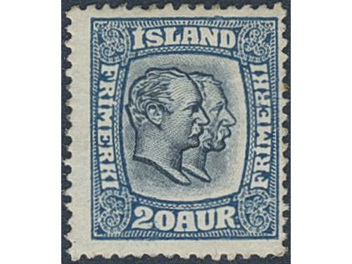 Iceland. Facit 97 ★, 1918 Two Kings 20 aur blue wmk cross. SEK 2000