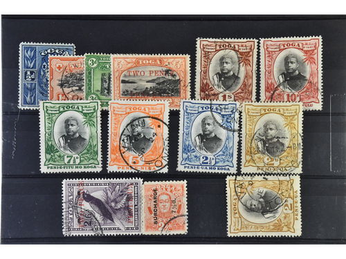 Tonga. Used. Small group of 13 stamps with the scarce SG 31 (blunt corner) and one 2 d with variety 