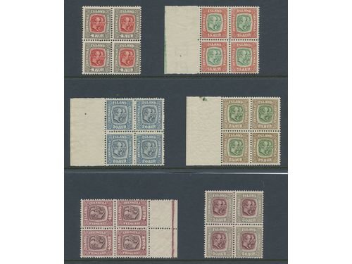 Iceland. Lot ★★. Two Kings, six denominations (F78, 82, 84–87) in blocks of four. Facit catalogue value 5680 SEK. The entire lot is presented at www.philea.se.
