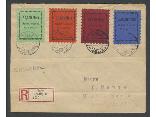 Germany, local issues. Michel -. Used. 1923 Local post Halle, registerd letter franked with 30000+75000+75000+250000 Mark.