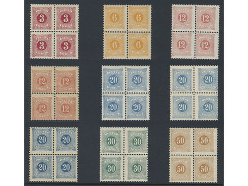 Sweden. Postage due Facit L12–19 ★★/★, Postage due stamps perf. 13 in blocks of four: 3 öre, 6 öre, 12 öre (×2), 20 öre (×3), 30 öre and 50 öre. SEK 6720