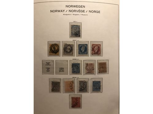 Norway. ★★/★/⊙. Collection 1855–1996 in Schaubek album incl. e.g. 19 used Skilling values (somewhat mixed qual.), F123–33, 151–80 and 182–201**, several official stamps, etc. Everything **/* from 1934 and apparently cpl ** in main numbers from 1941. Please see a selection of scans at www.philea.se.