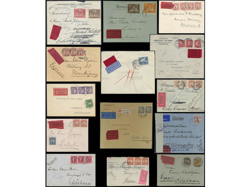 Sweden. Collection covers SPECIAL DELIVERY 1906–1942 on visir leaves. Combinations, together with other additional services, different labels, censor, etc. The entire lot is presented at www.philea.se. Somewhat mixed quality. (14)